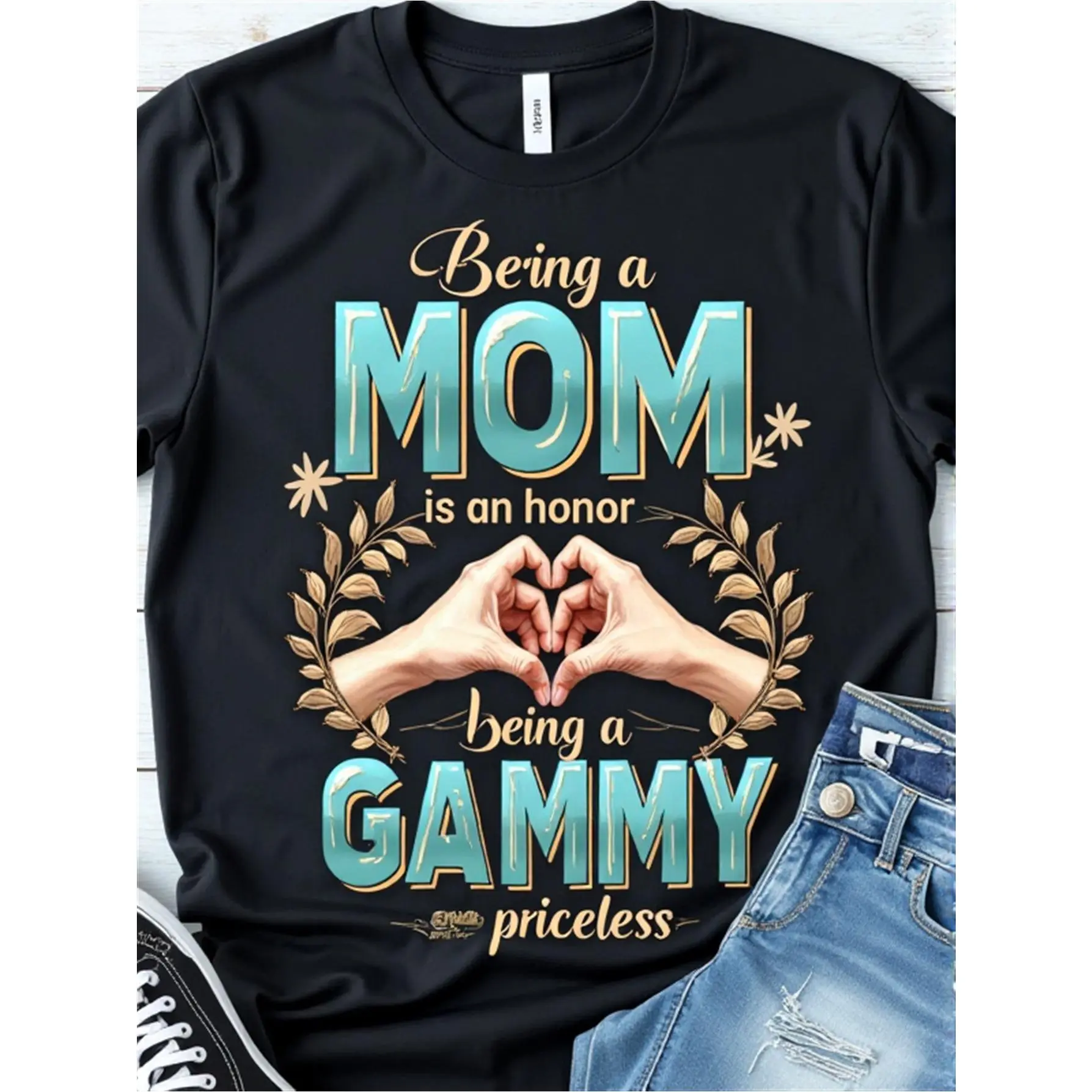 Gammy T-Shirt - Celebrating Motherhood And Grandmotherhood, Stylish Black Tee with Round Neck, Perfect Gift for Grandma on Mother'S Day, Easy to Care For, Regular Comfortable Fit, Features Eye-Catching Text And Geometric Patterns