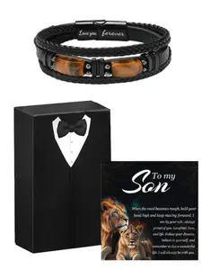Bracelet for son - love and encouragement with two tiger eye stones to symbolize prosperity and abundance. Men's leather tiger eye stone bracelet + lion encouragement card, Charm bracelet for dad and son. meaningful Gift for Father's Day and anniversa