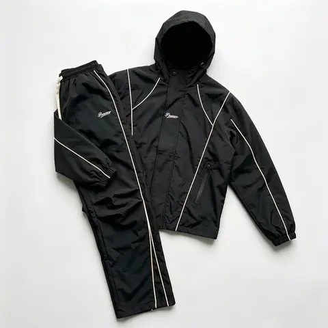 Men's 2-Piece Black Techwear Athletic Set - Male Clothing, Close-Fitting Hooded Jacket with Reflective Stripes, Matching Men's Sweatpants, Techwear Detailing, Streetwear Clothing Apparel