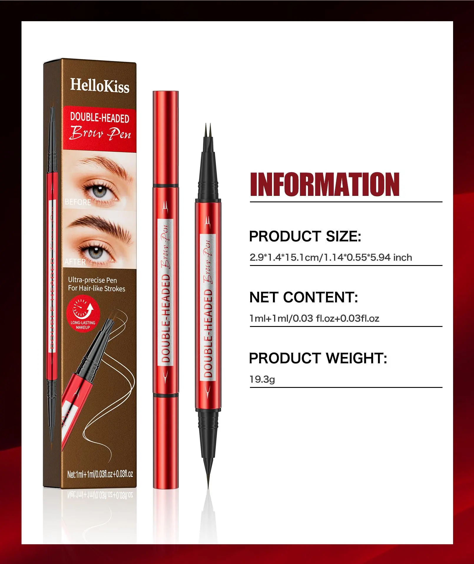 【HelloKiss】Dual-Ended micro-fork brown filling eyeBrow Pencil & Blending Tool | All-Day soft Waterproof Formula for Flawless Feathered natural hair-like stroke clear wild refy Brows, Easy to Use for Beginners.Dual-Ended Brow Pen & Blending Tool