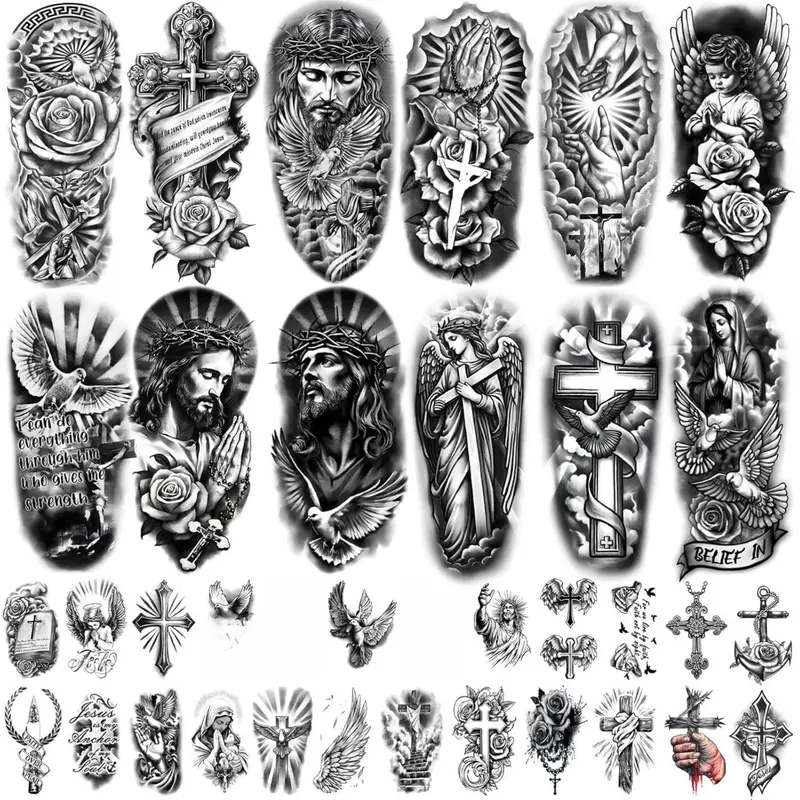 77 Sheets Christian Temporary Tattoo Adult Men Women Kids Religious Jesus Cross God Christ Catholic Realistic Half Sleeve Body Fake Tattoos Stickers