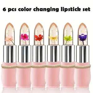 6pcs Clear Flower Jelly Lipstick set,Nutritious Moisturizer Lip Balm Temperature Color Change Lipstick Matte Long Lasting Lip Gloss (Pink/black)