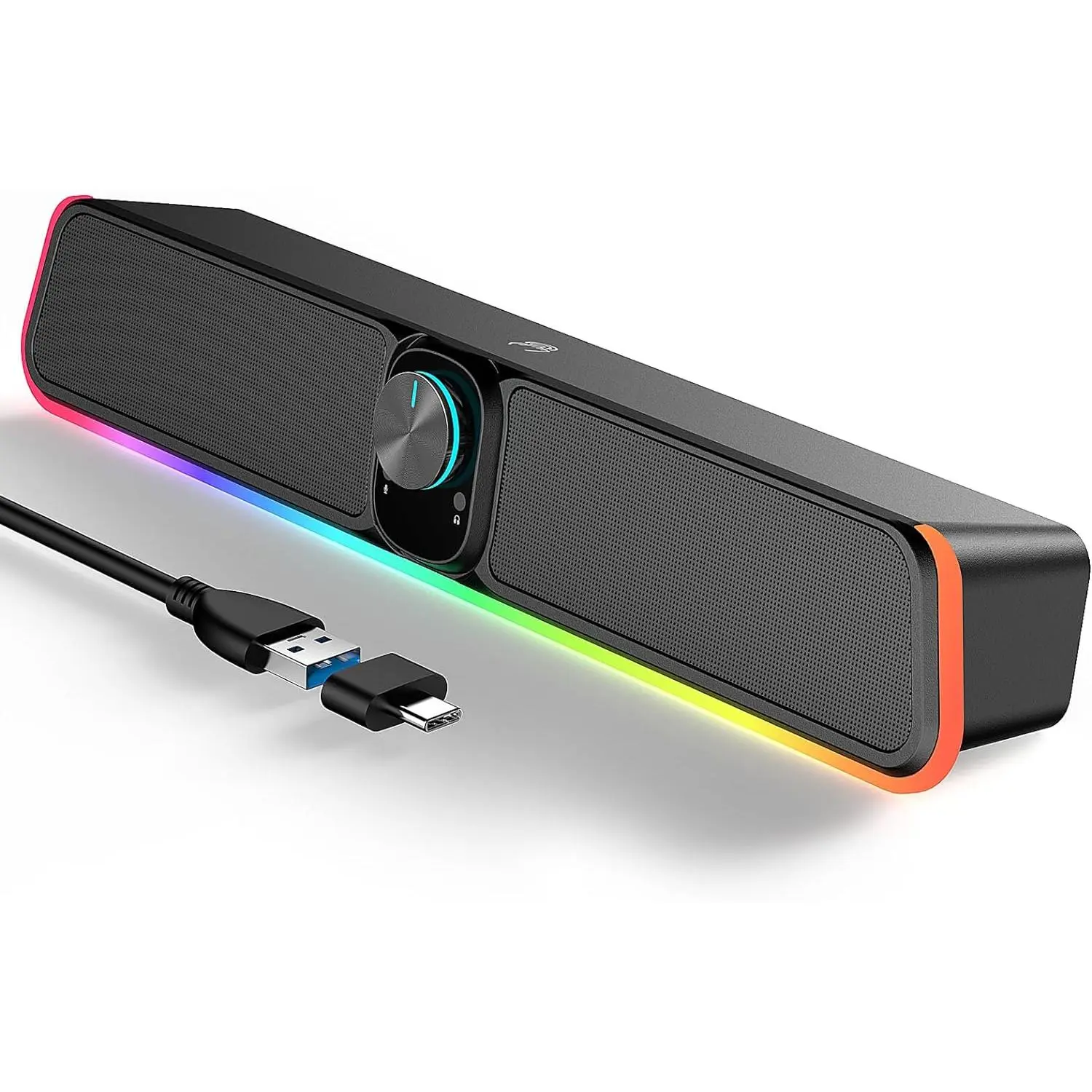 Wired USB Computer Sound Bar with RGB & Volume Knob, HiFi Stereo, Portable Gaming Sound Bar for Desktop, PC, Laptop, Tablets, Air/Pro