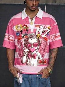 Men's Pink White Striped Cupid Print Short Sleeve Polo Shirt, Y2K Streetwear Vintage Sweetheart Aesthetic, Summer Casual Graphic Print, Printed Polo Shirt, For Street Style, Casual, Festival, Men's Retro Streetwear