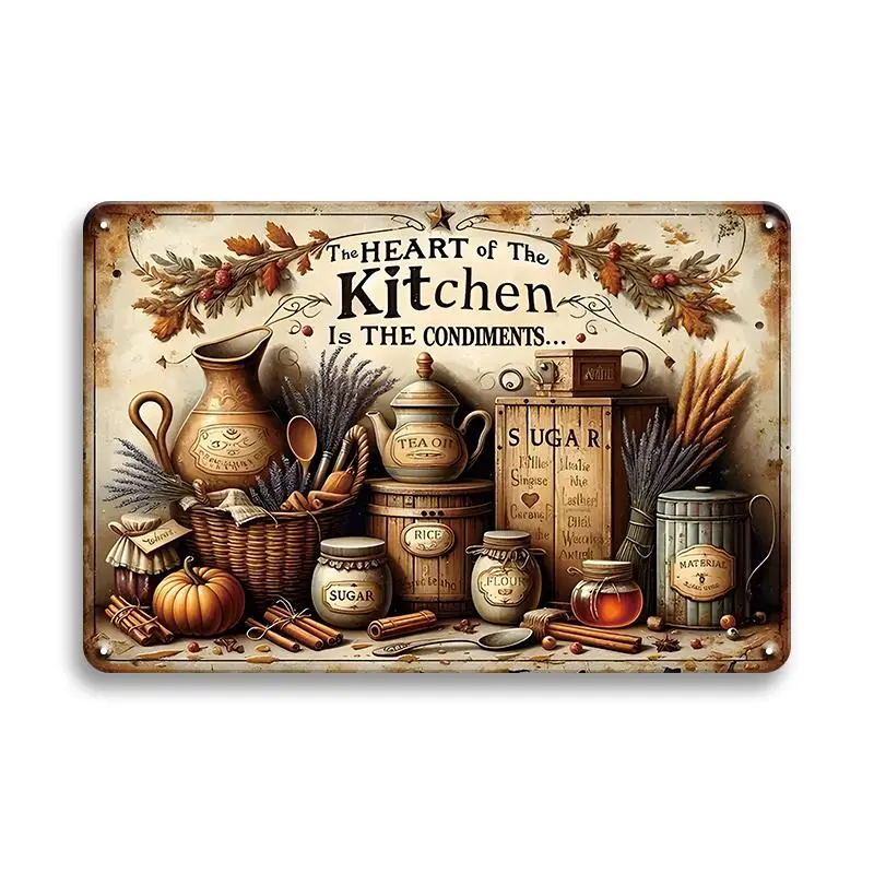 Vintage Kitchen Sign, 1 Count Heart Of The Kitchen Letter Pattern Metal Tin Sign, Wall Decor For Home Kitchen Farmhouse Dining Room
