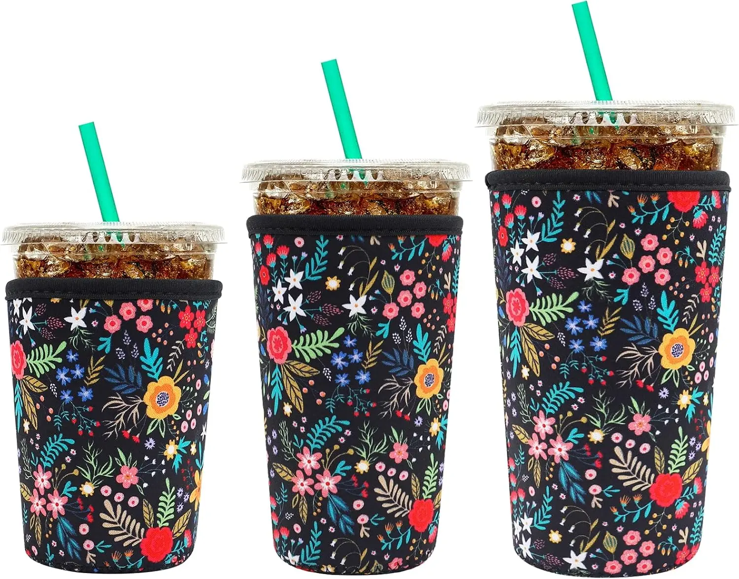 Reusable Neoprene Insulator Sleeve for Iced Coffee Cups, 3 Pack Coffee Coolies sleeves for Iced & Hot Drinks, Cold Beverage Cooler Compatible with Starbucks Coffee and More (Little Flower)Gift.