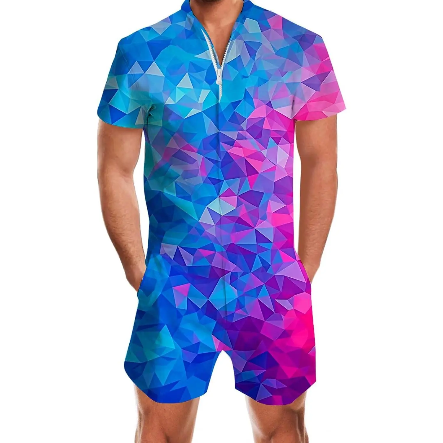 Goodstoworld Male Hawaiian Romper Fashion Zipper Slim Fit Jumpsuit with Pocket S-XXL