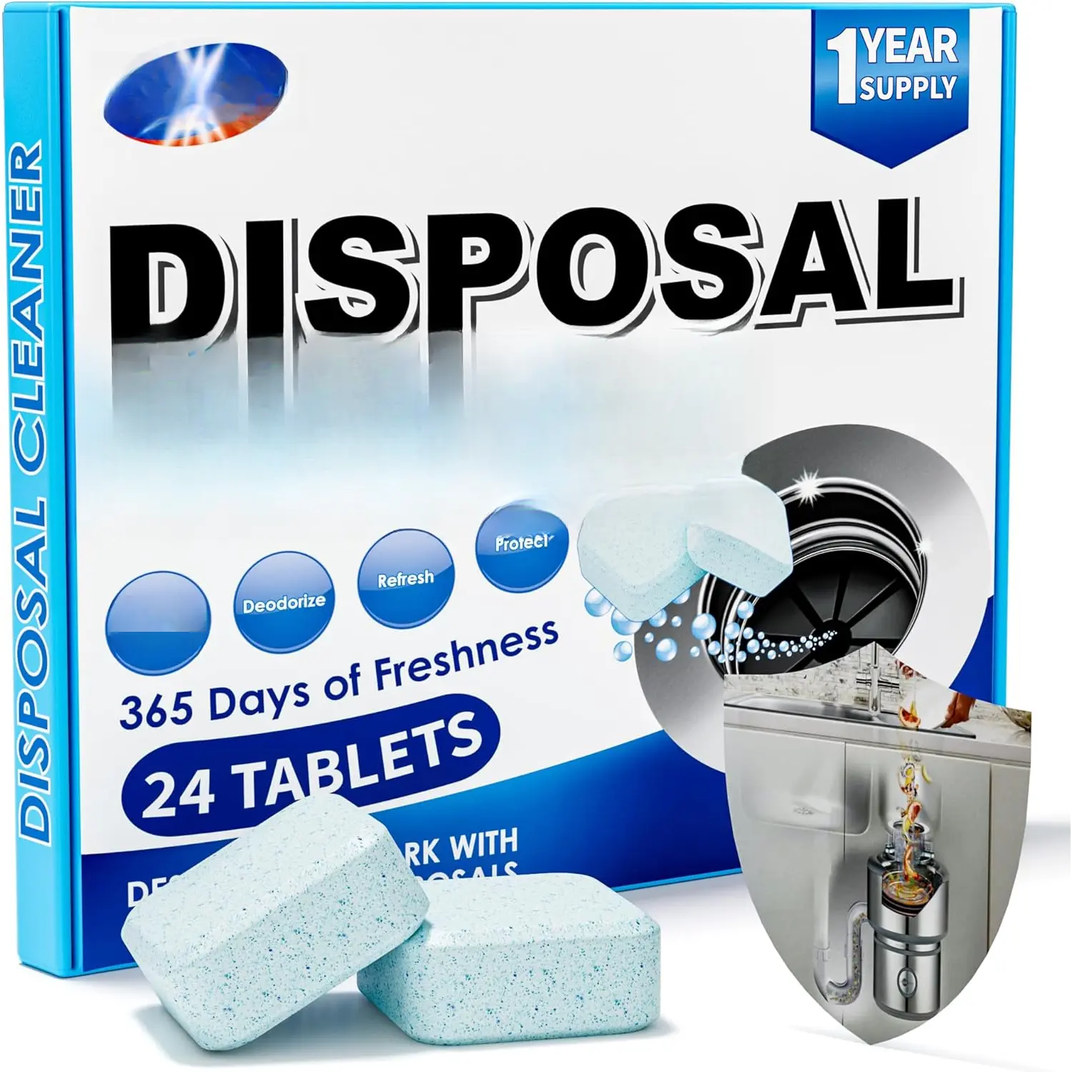Foaming Garbage Disposal Cleaner and Deodorizer Tablets-24 Pack  Disposal Cleaner, Quickly Eliminates Odors, XL  Foaming Action, Refreshing Lemon Scent,  Ingredients, 1 Year Supply.