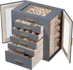 BOOVO Jewelry Organizer Box Jewelry Storage Case Leather Modern Large Jewelry Storage Box for Women, 6-Layer Multifunctional Personal Organizer with 6 Drawers, 2 Glass Doors & Glass Lid – Ideal Gift