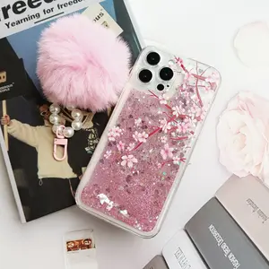 Premium Creative Lucky Pink Peach Blossom Design Glitter Sand Protective Phone Case with Lens Protection, Includes a Plush Lanyard, Compatible with Apple Iphone 7, 8, 9, 11, 12, 13, 14, 15, X, XS, XR, Plus, Pro, Pro Max, And SE