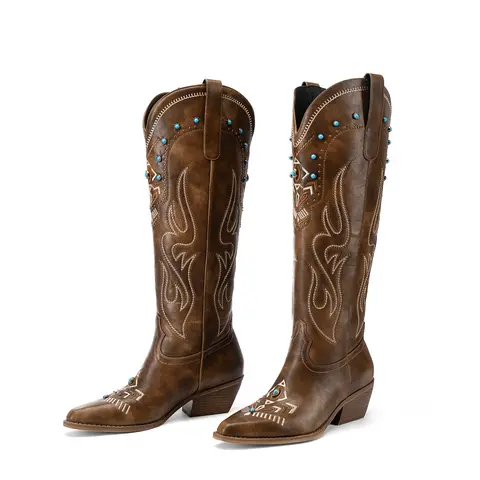 ReneChristine Women's Embroidered Studded Emerald Gemstone 5cm Block Heel Knee High Shiny PU Leather Fur Boots - Pointed Toe, Wide Calf, Decor, Sleek Look, Cowgirl & Outlaw Style, Perfect Fit Footwear for Gatherings, Fall-Spring Western Boho Shoes
