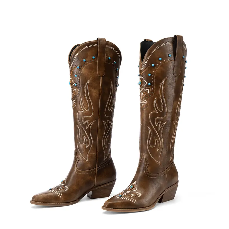 ReneChristine Women's Embroidered Studded Emerald Gemstone 5cm Block Heel Knee High Shiny PU Leather Fur Boots - Pointed Toe, Wide Calf, Decor, Sleek Look, Cowgirl & Outlaw Style, Perfect Fit Footwear for Gatherings, Fall-Spring Western Boho Shoes