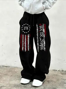 Men's Casual Sport Pants, Drawstring Waist Pockets Design, Fashion American Flag Pattern, Durable, Daily Essential, All Seasons