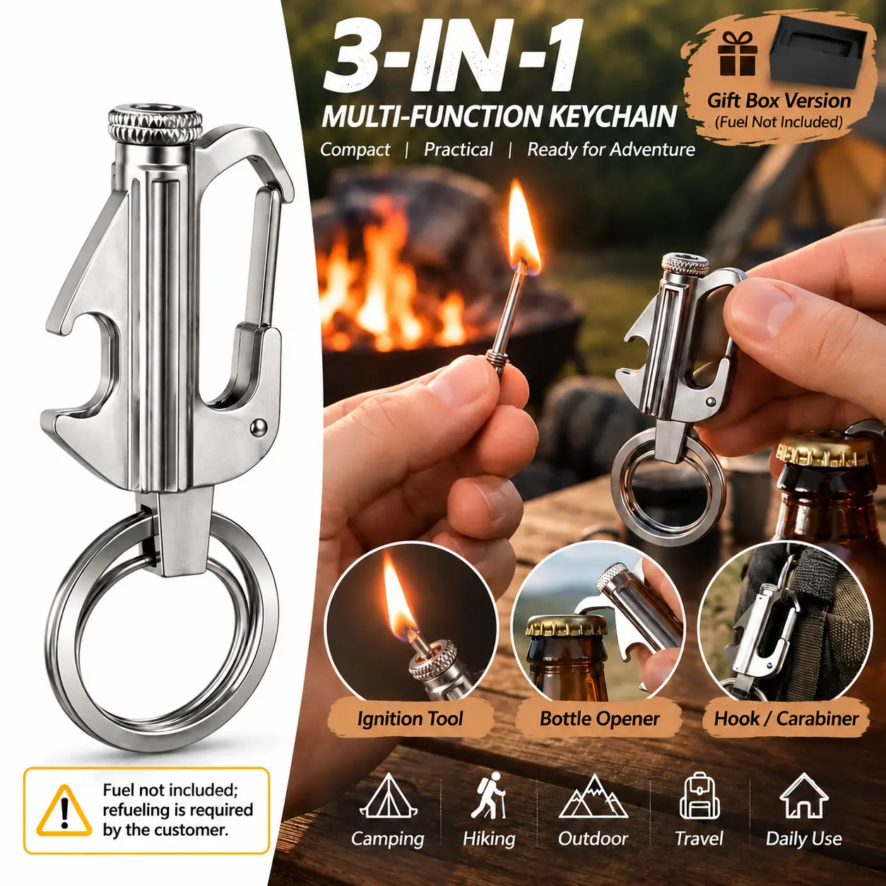 Handy Lightweight Compact Multifunctional 3-in-1 EDC Keychain Tool - Bottle Opener, Clip, Mini Pocket Key Holder, Portable Lighter Accessory for Camping, Outdoor Adventures, Cool Gift for Men (Lighter, Fuel Not Included)