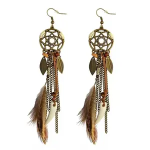 Boho Tribal Ethnic Vintage Dream Catcher Feather Leaf Long Tassel Dangling Earrings for Women Vacation Jewelry