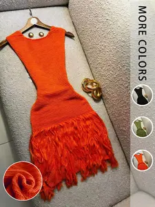 Women's Sleeveless V-Neck Knit Mini Dress, Fringe Hem Ribbed Sexy Dress, Y2K Style Summer Vacation Dress, Slim-Fitting Solid Color