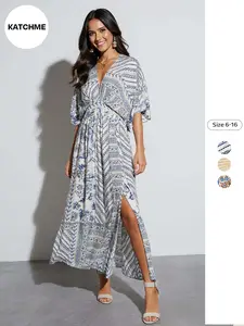 Women's Printed Deep V Neck Midi Dress, Batwing Sleeve, Knot Waist, Side Slit, Boho Style Casual Long Dress, Fashionable and Comfortable