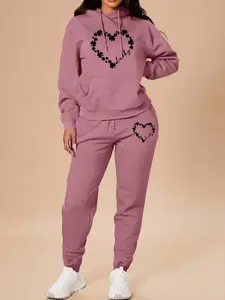 Women's Long Sleeve Fitted Hoodie Matching Set, Heart Graphic Print Sweatshirt & Pants, Casual Spring Fall Fashion, 2 Piece