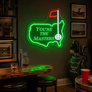 LED Neon Sign USA Map “YOU'RE THE MASTERS” – Bright Green Golf Wall Light, USB Powered, Transparent Acrylic, Perfect Gift for Home Bar, Game Room, Office, Man Cave