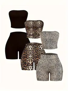 Six-Piece Classic Leopard Print Solid Color Casual Strapless Top and Shorts Set, Fitted Clothing Set, Women's Fashion, Comfortable and Stylish