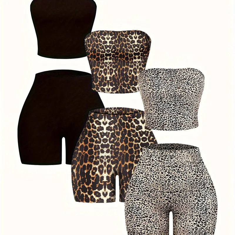 Six-Piece Classic Leopard Print Solid Color Casual Strapless Sleeveless Top and Shorts Set, Outfit, Women's Fashion, Comfortable and Stylish, Shorts Matching Set