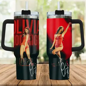 Liv R0drig0 Guts World Tour Tumbler 40oz With Handle & Straw, Red Bodysuit Live Concert Merch, Signature Graphic Insulated Travel Mug, Pop Music Fan Gift, Spill-proof Stainless Steel Water Bottle Cup For Her