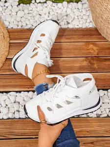 Summer New Heeled Thick Sole Roman Sandals, Hollow Out Breathable Outdoor Shoes, Fashion Artificial Leather Rubber Sole, Less Than Ankle Height