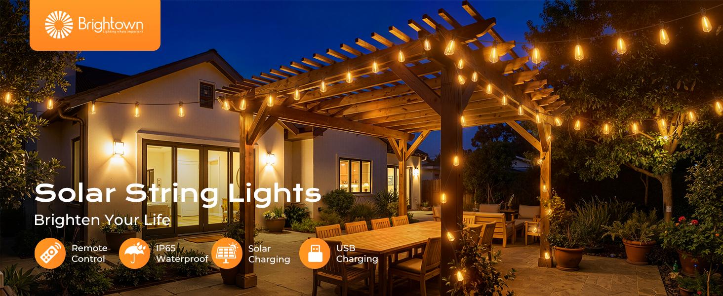 Brightown 52FT Solar String Lights Outdoor Waterproof, Patio Lights with Remote and 15+1 LED Shatterproof Bulbs, Dimmable & Timable, 3 Light Modes, Solar Lights Outdoor for Yard Garden Camping Party