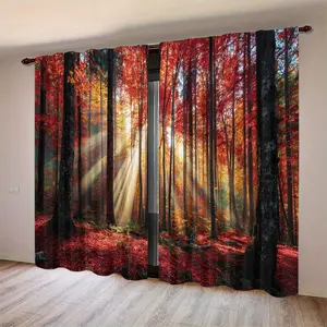 2 Piece Sunset Maple Forest Print Curtains, Window Curtain, Half Light Blocking Polyester, Suitable for Bedroom Living Room Office Home Decor