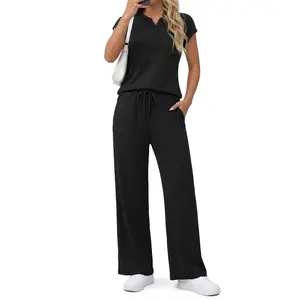 Women's 2 Piece Pant Sets Casual Travel Outfits Summer Cap Sleeve Top Wide Leg Crop Pants Matching Set