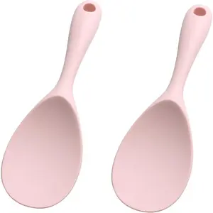 2PCS 8.8 Inch Pink Silicone Rice Paddle Spoon Non Stick Heat Resistant Rice Spatula for Rice Cooker Rice Salads Mashed Potato