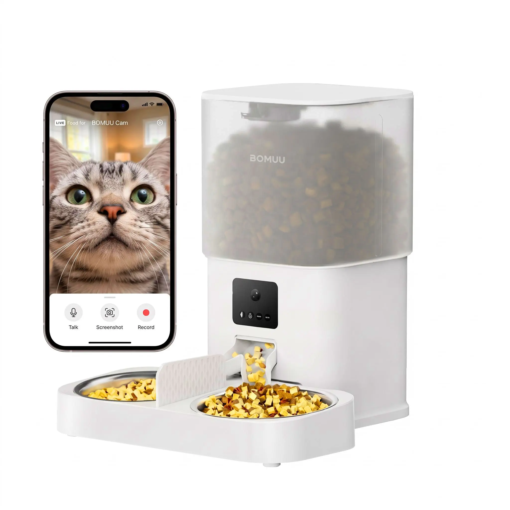 BOMUU Automatic Cat Feeder with Elevated Stand, 6L Dual Bowl - 2-in-1 Timed Pet Food Dispenser with Power Supply, App Remote Feeding, 1080P HD Camera, 3.86lb Capacity for Cats & Small Dogs
