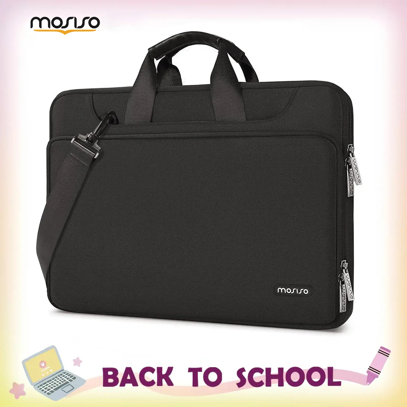 MOSISO 13-17.3 in Laptop Shoulder Bag, Minimalist Water-Repellent Briefcase with PU Leather Handles, 360° Protection & Trolley Strap for Business, Travel, Bags, Adjustable Strap, Business Use, Business Casual, Polyester