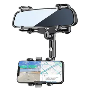Rearview Mirror Phone Holder For Car, 360° Rotating Rear View Mount With Adjustable Arm Length, Upgraded Four Corners Fixed Anti-Shake Multifunctional Design for Most Smartphones