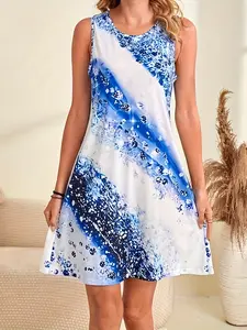 Vibrant Abstract Print Tank Dress - Crew Neck Sleeveless Polyester Dress for Women - Machine Washable, Mid Elasticity, Knit Fabric, All-Season Wear