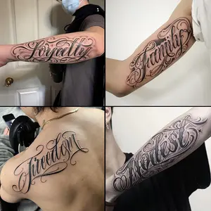 Set of 4 herbal tattoo stickers, including English calligraphy styles, lasting 7–15 days, waterproof and abrasion-resistant, natural-looking effect, suitable for those who are sensitive to pain and don’t want tattoos.