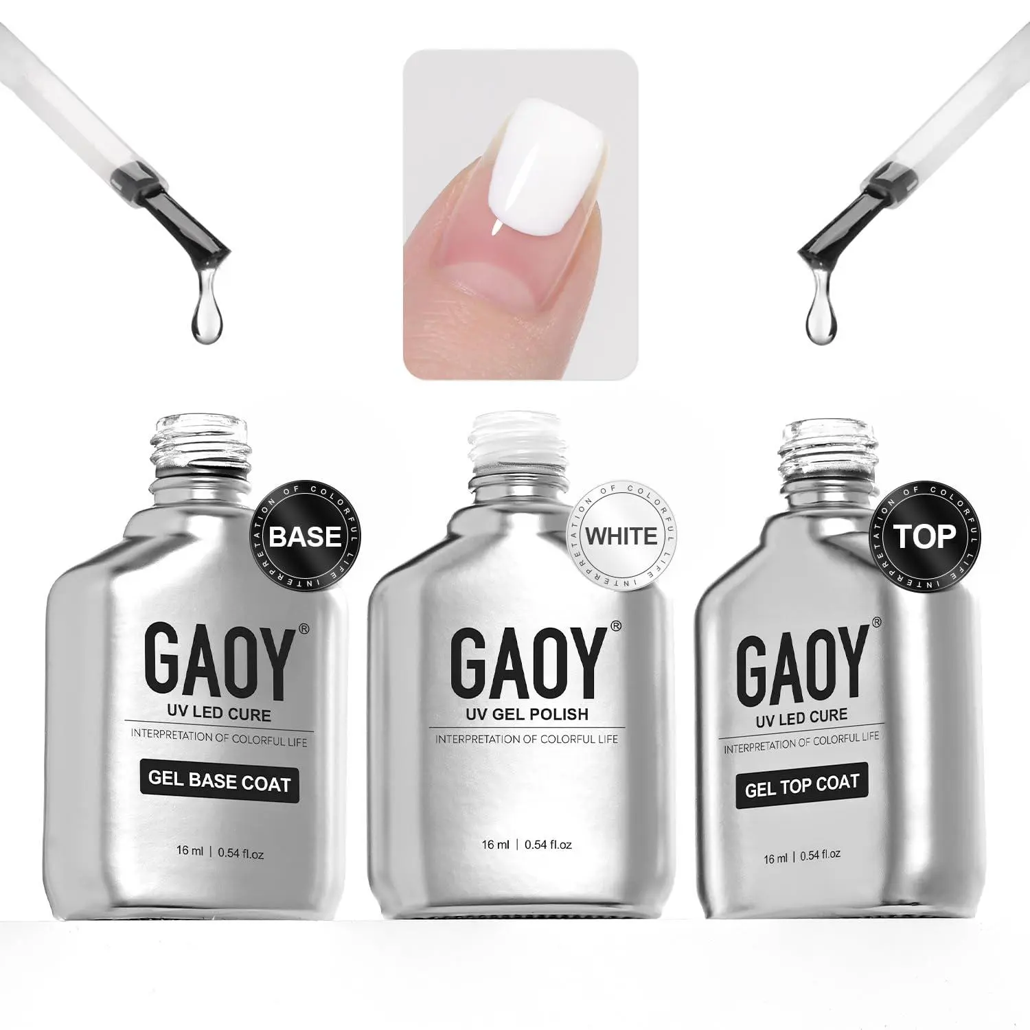GAOY Gel Top Coat, Base Coat and White Gel Polish Set, 3 Pcs 16ml Clear Glossy No Wipe Combination and Color for UV Light Cure