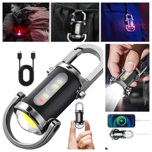 2 Pack Mini Keychain LED Flashlights, Power Bank Function, Red and Blue Alarm Lights and COB Work Light, USB Rechargeable, Waterproof, Suitable for Outdoor Camping Hiking Emergency Use