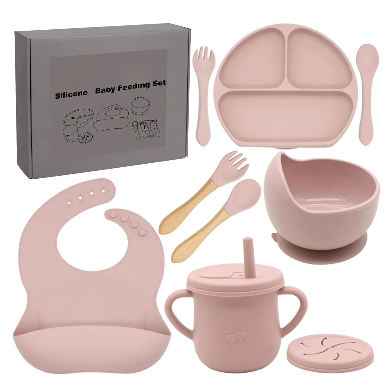 Feeding Set,  Dishes Set with Suction Bowl Divided Plate, Self Feeding Dish Set with Spoons Forks Sippy Cup and Bib,  Eating Utensils (Pink)