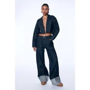 Premium Selvedge Cropped Denim Blazer - Dark Denim