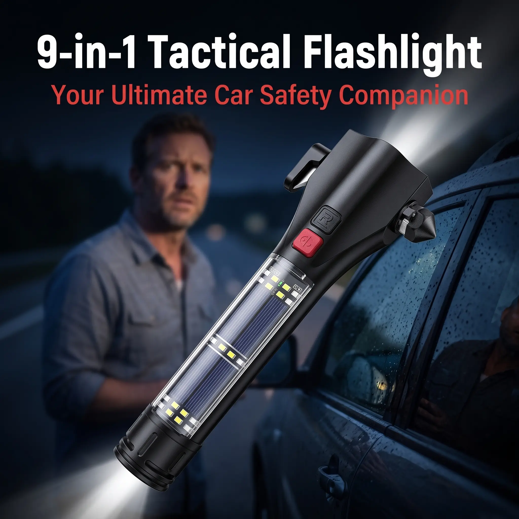 9-in-1 Solar Car Emergency Flashlight, Multi-Function Survival Tool with Window Breaker, Seat Belt Cutter, Red Blue SOS Strobe Light, Magnetic Base, Built-in Power Bank & Compass, Waterproof LED Tactical Torch for Road Trip Camping