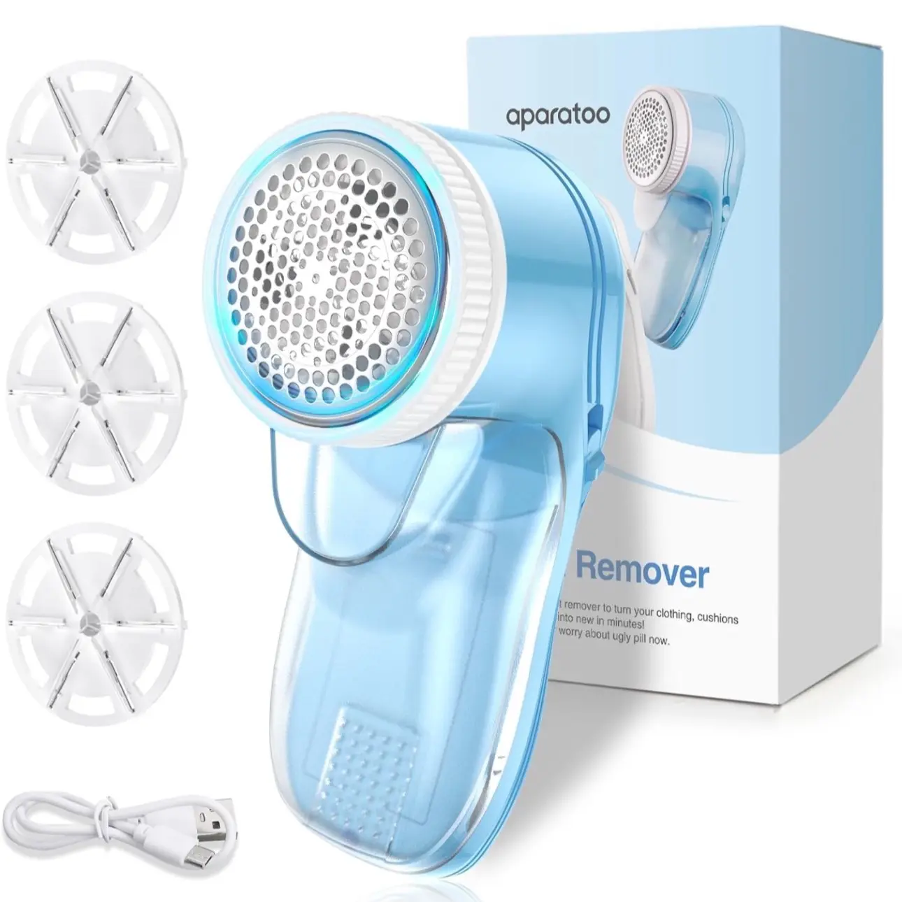 Fabric Shaver Lint Shaver, Lint Remover for Clothes, Electric Lint Remover Rechargeable Sweater Defuzzer Pill Remover with 3 Replaceable Blades, Suitable for Clothes, Jumpers, Furniture, Wool, Blue