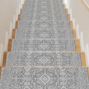 15pcs 8x30 Inch Non-Slip Stair Tread Carpet - Soft Machine-Washable Grey Persian Geometric Pattern Rug Suitable for Indoor/Outdoor Stairs, Wood/Hard Steps - Modern Step Cover (8x30 Inch)
