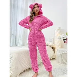Hooded Zipper Lamb Fleece Pajama Onesie, Long Sleeve Casual Bear Ears Design, Fall Winter Homeewear, Comfortable Indoor Restwear