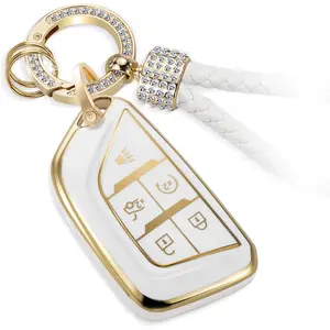 For Cadillac Key Fob Cover with Luxury Diamond Bling Braided Keychain, Upgraded Soft Case for 2020-Up CT4 CT5 CT6 XTS XT4 XT5 ATS etc.(5 Buttons) Fob Shell