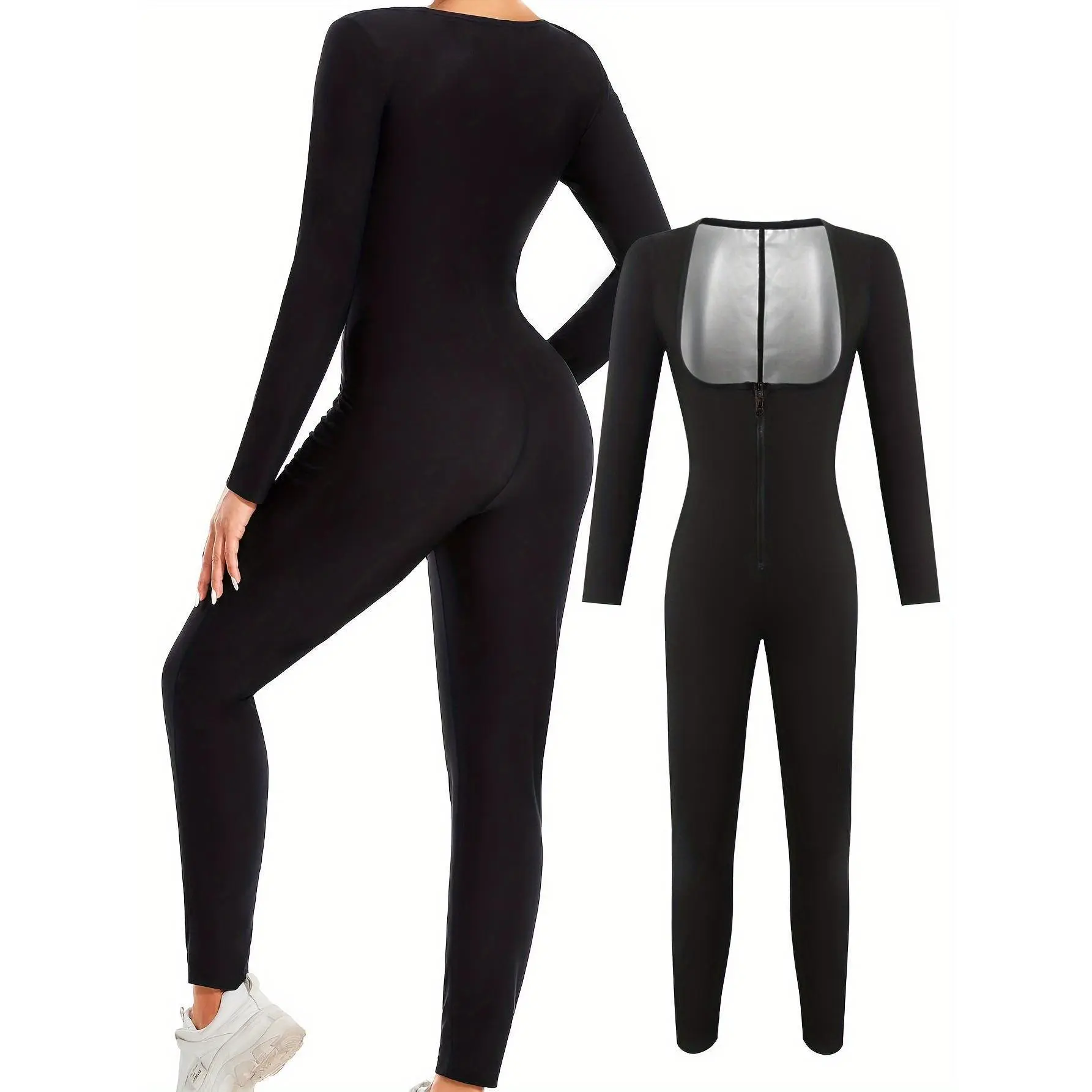 Women's Long Sleeve Stretchy High-Waist Full-Zip Shaping Fitness Apparel, Sculpting Fit Jumpsuit Workout Overalls for Yoga, Pilates