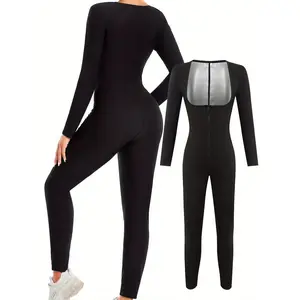 Women's autumn/winter sauna workout top, long-sleeved shapewear bodysuit, yoga leggings, hooded warm fitness wear with zipper, sauna clothing suitable for running and fitness.