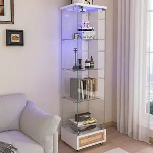 Modern Glass Display Cabinet with 13-Color LED Lights & Locking Drawer Quick-Assembly Tempered Glass Bookshelf 4 Shelves Space-Saving Storage White Natural Finish 65.8H for Living Room Bedroom Office