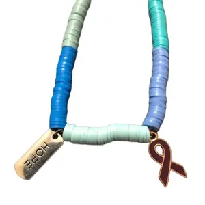 Multiple Myeloma Cancer Ribbon and Hope Clay Bracelet with Colorful Ribbons, Metal Clasp, and "HOPE" Charm
