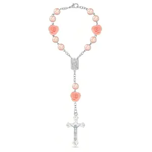 Rose Charm Beaded Car Rearview Mirror Hanging Ornament, Catholic Rosary Beads Car Rearview Mirror Hanging Decoration, Car Interior Decoration Accessories